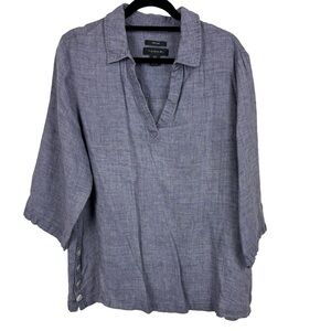 Tahari 100% Linen Tunic Purple/Grey Size 1X Pullover Button Detail Lagenlook